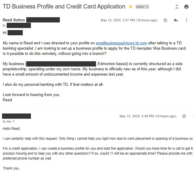 TD business credit card application via email