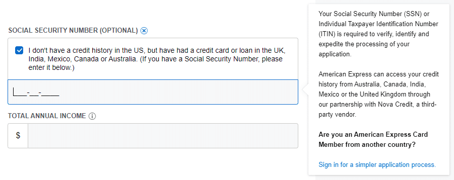 US Amex credit card application form nova credit