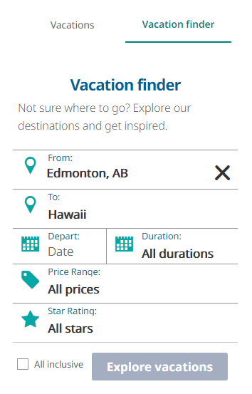 westjet vacation finder tool filter parameters