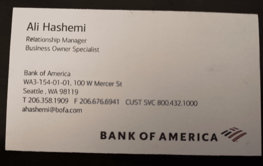 Business card for Bank of America Relationship Manager Ali Hashemi at 100 W Mercer St branch in Seattle.