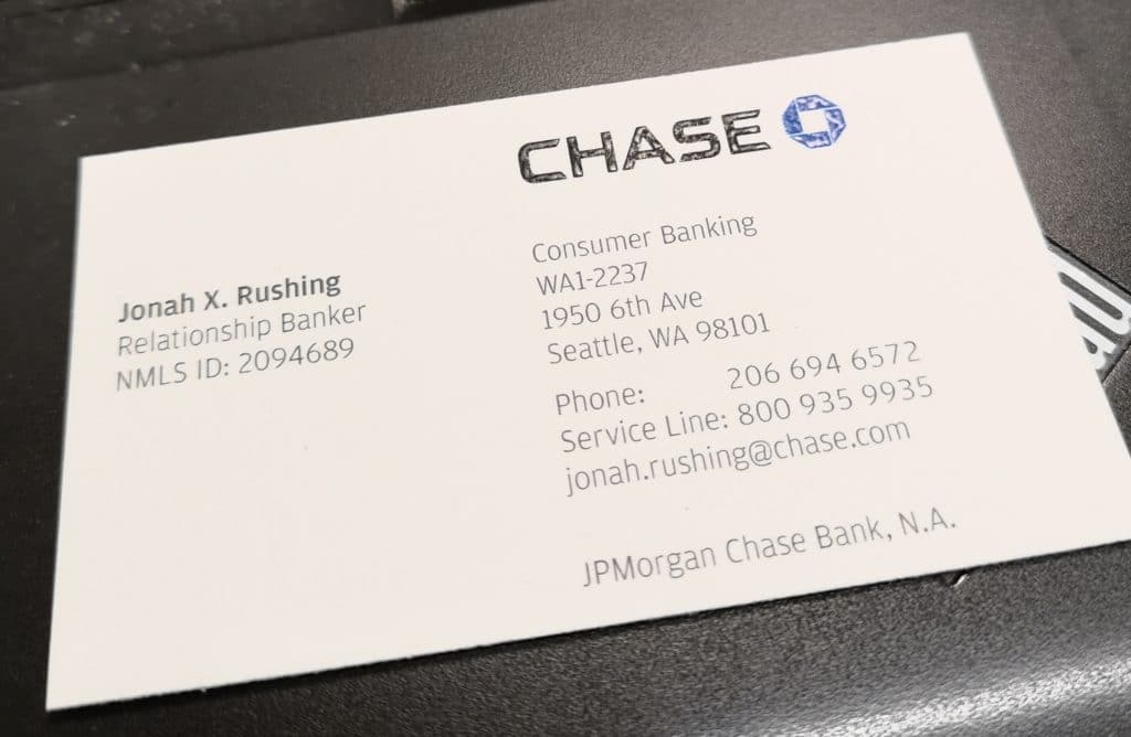 Business card for Chase banker Jonah Rushing at 1950 6th Ave in Seattle, Washington.
