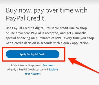 PayPal credit, buy now pay later special financing offer.