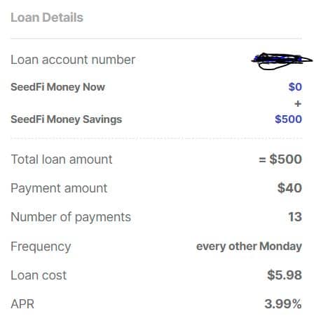 seedfi loan breakdown table