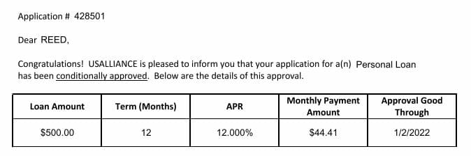 US Alliance $500 credit builder loan conditional approval. 