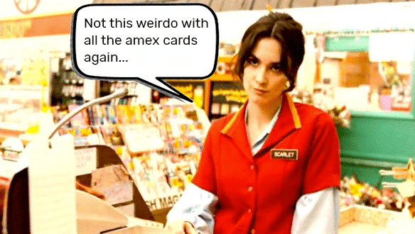 Grocery store cashier frowning upon a PayPower degenerate