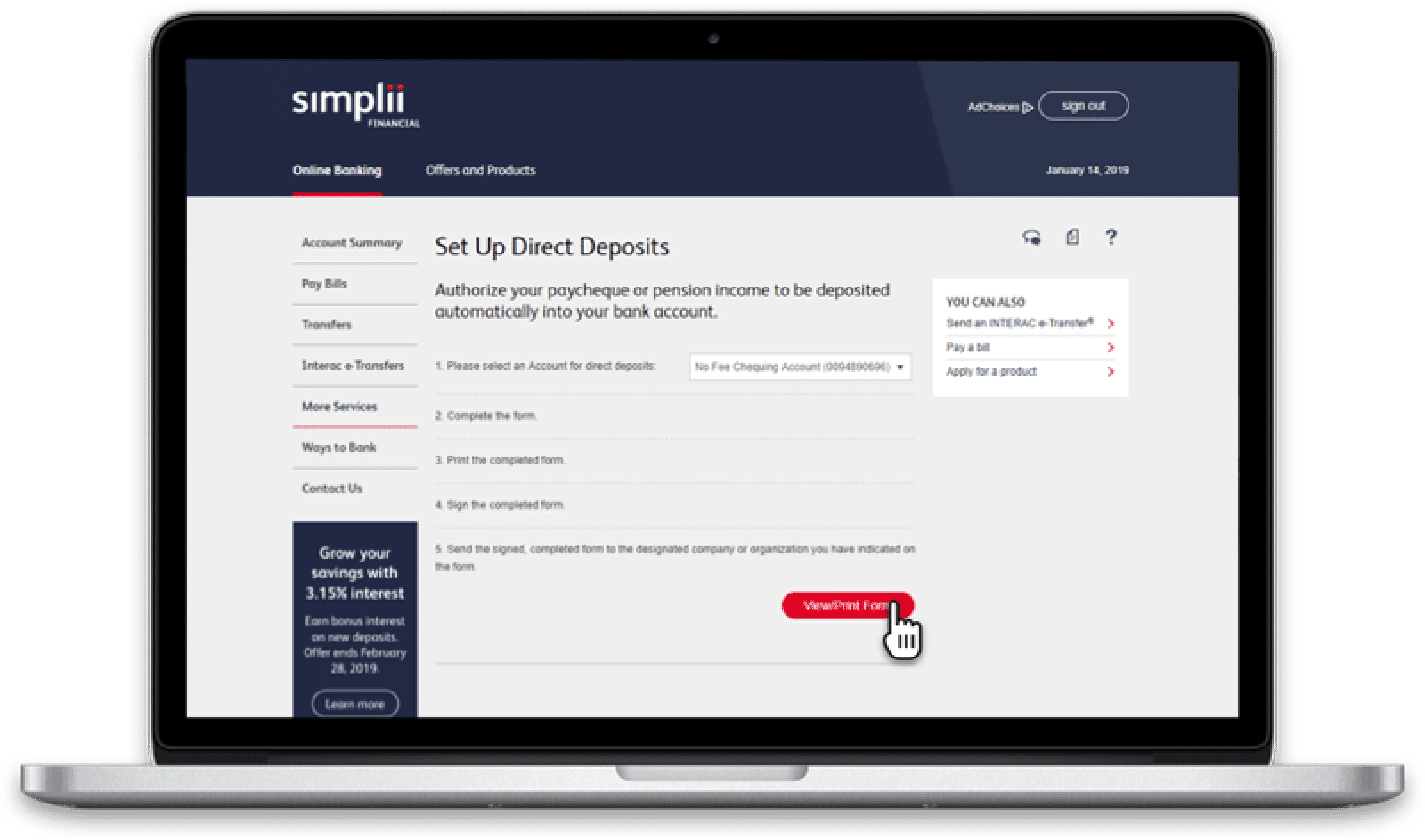 simplii direct deposit page