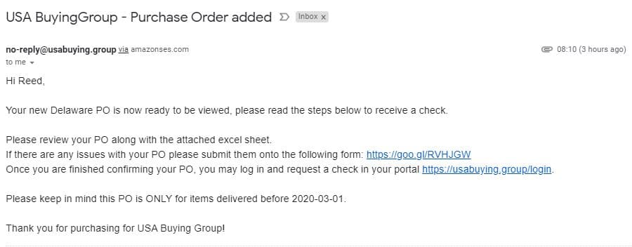 USA Buying Group confirmation email