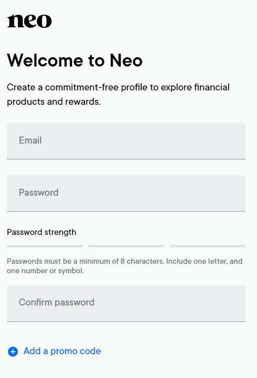 Neo Financial sign up screen