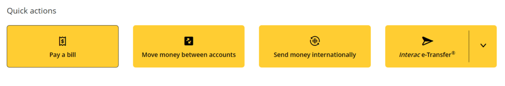 EQ Bank dashboard quick actions - pay bill, move money, send money internationally, Interac e-Transfer