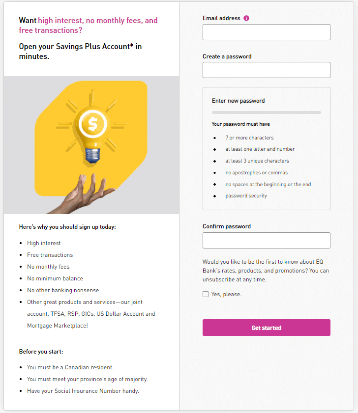 EQ Bank Savings Plus sign up screen