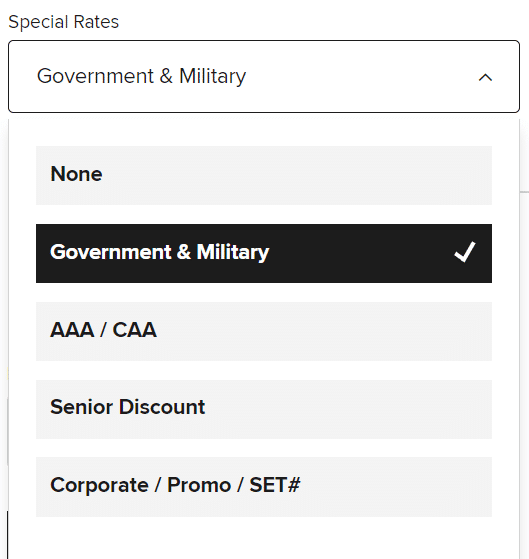 Marriott Bonvoy hotel booking screen, select Special Rate for Government & Military