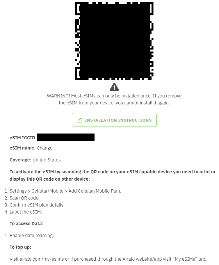 airalo esim install page qr code
