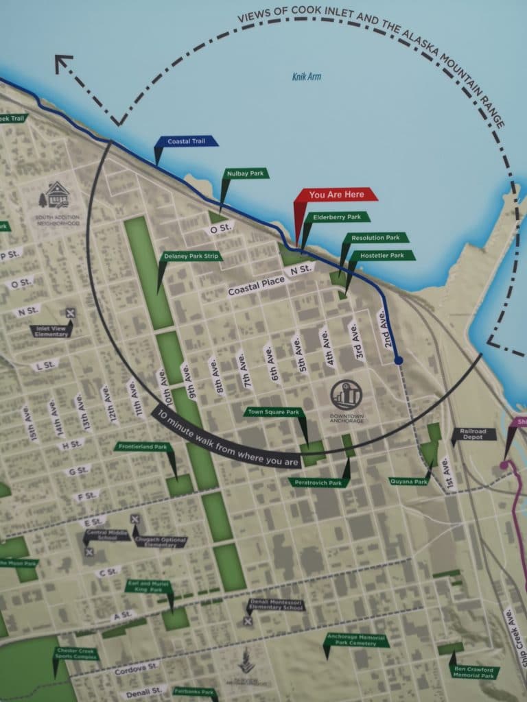 Map of the Tony Knowles coastal trail starting at Elderberry park