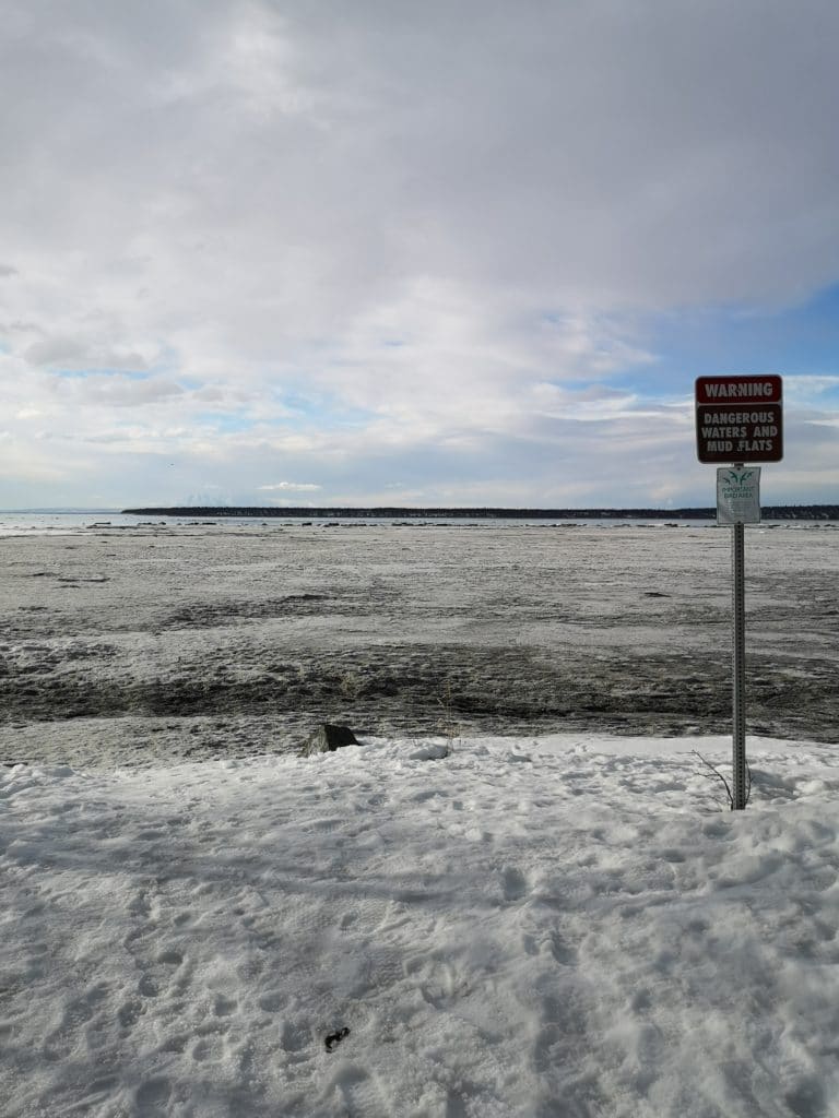 Mud flats warning sign on the Tony Knowles coastal trail