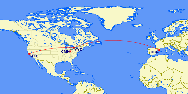 Air Canada routing for SFO-YYZ-BCN-YYZ-SFO/CMH shown on Great Circle Mapper