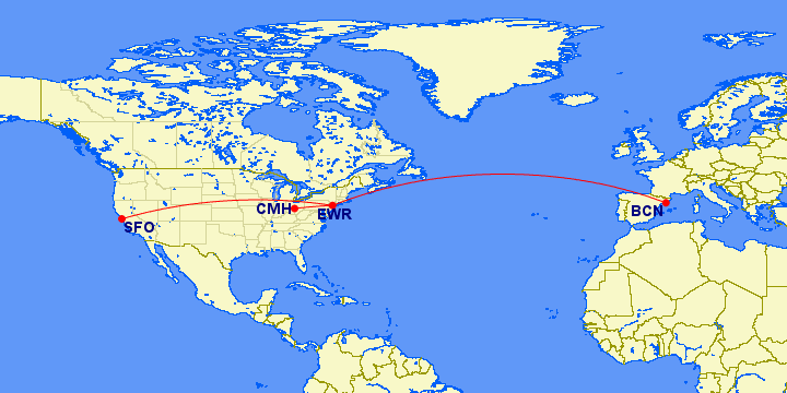 United Airlines routing for SFO-EWR-BCN-EWR-SFO/CMH shown on Great Circle Mapper