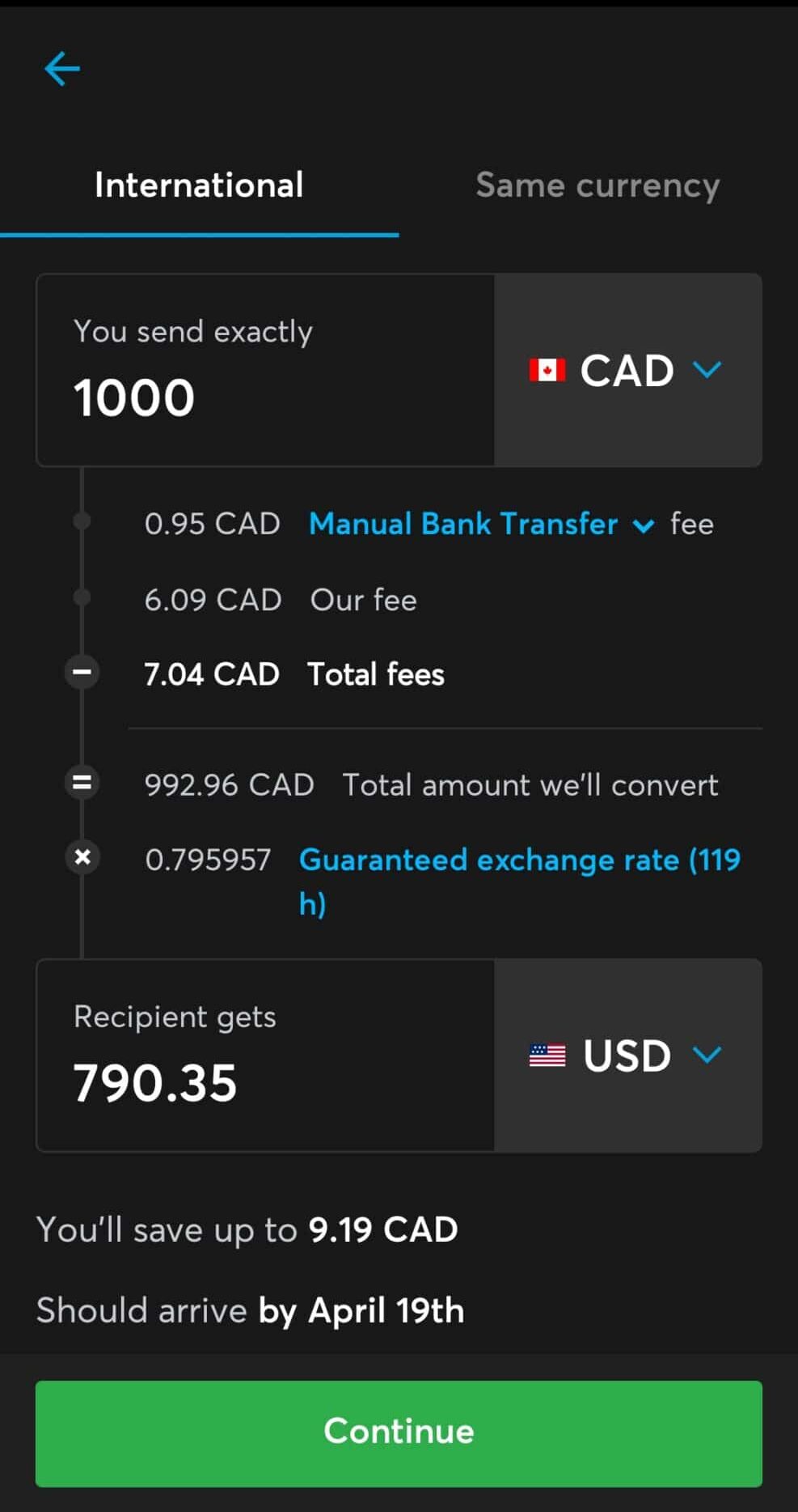 Wise manual bank transfer of $1000 CAD to USD