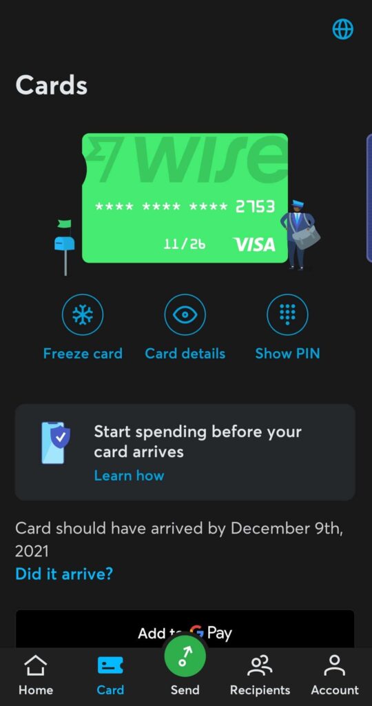 Wise mobile app virtual card display