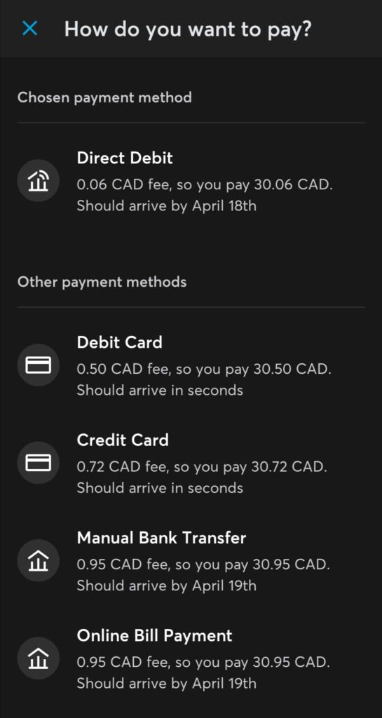 Wise loading methods and associated fees for initial $30 CAD load.