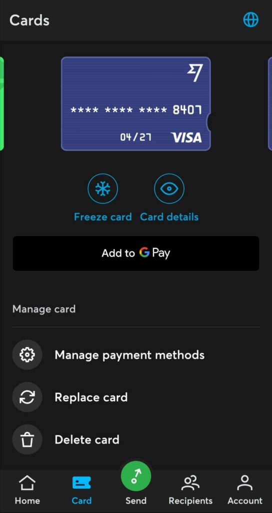 Wise disposable prepaid debit cards in app