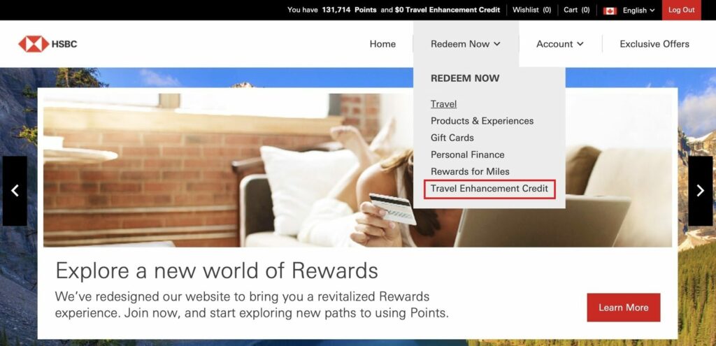 HSBC Rewards portal dropdown for Travel Enhancement Credit