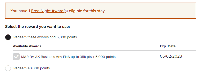 Marriott Bonvoy redeeming a free night award for 35k points with a 5,000 points top up