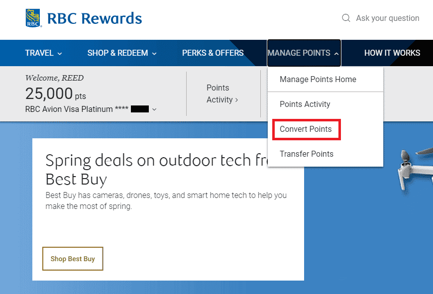 RBC Rewards portal convert points