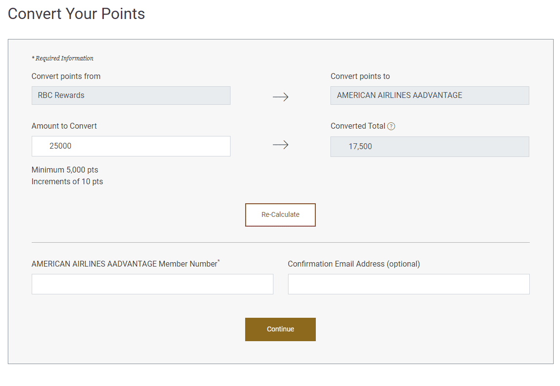 Convert RBC Rewards points to American Airlines AAdvantage