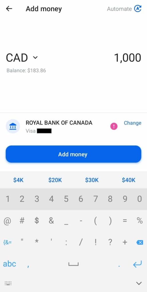 Revolut add money using RBC visa up to $40K