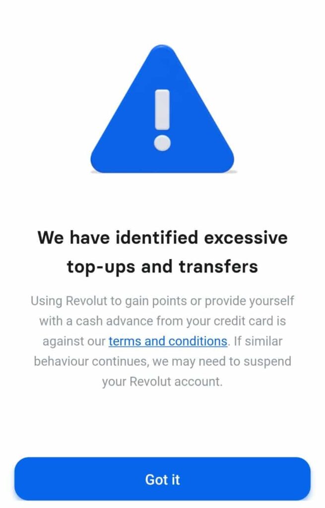Revolut popup for excessive top-ups and transfers