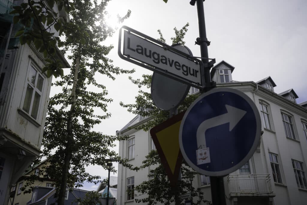 Laugavegur street sign in downtown Reykjavik