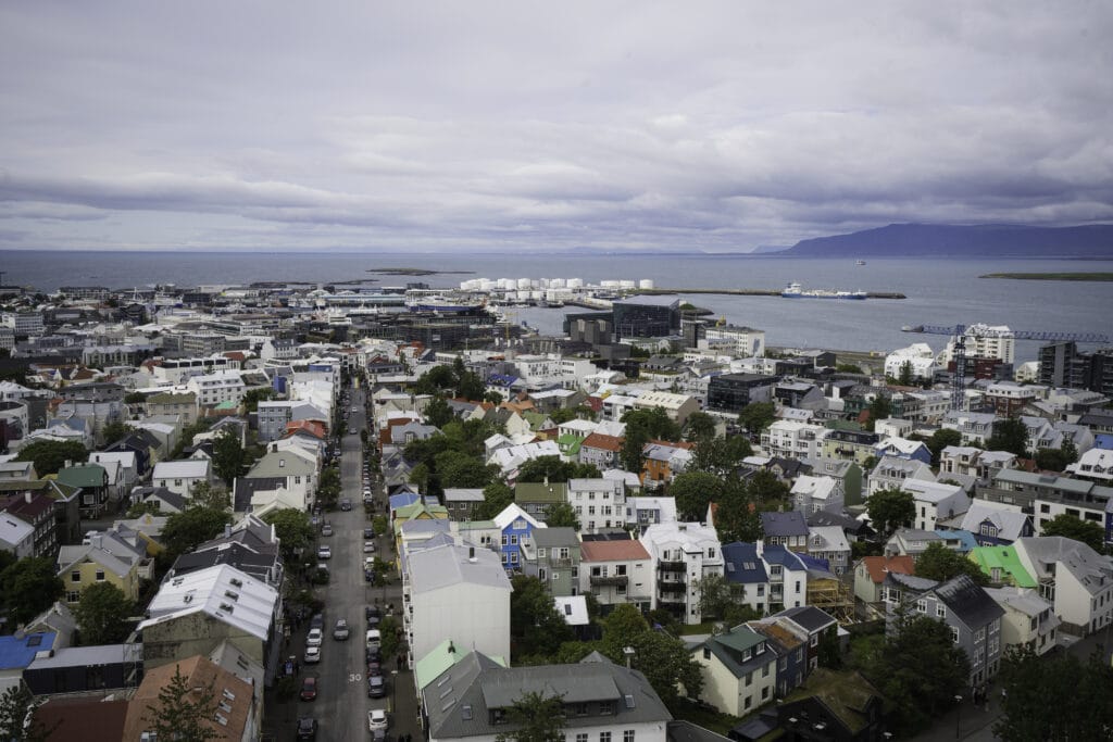 View from the bell tower at the top of Reykjavik Cathedral (Hallgrimskirkja) 