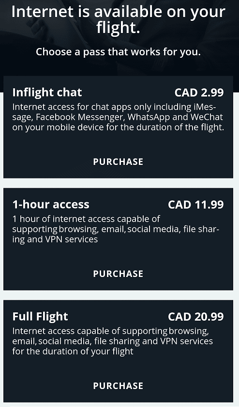 westjet in flight wifi prices