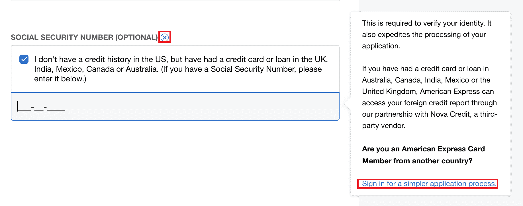 Amex social security number popup - sign in for simpler application process (Amex Global Transfer)