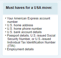Requirements for USA Amex Global Transfer: Amex Canada card number, US address, US bank account, passport details, employment details.