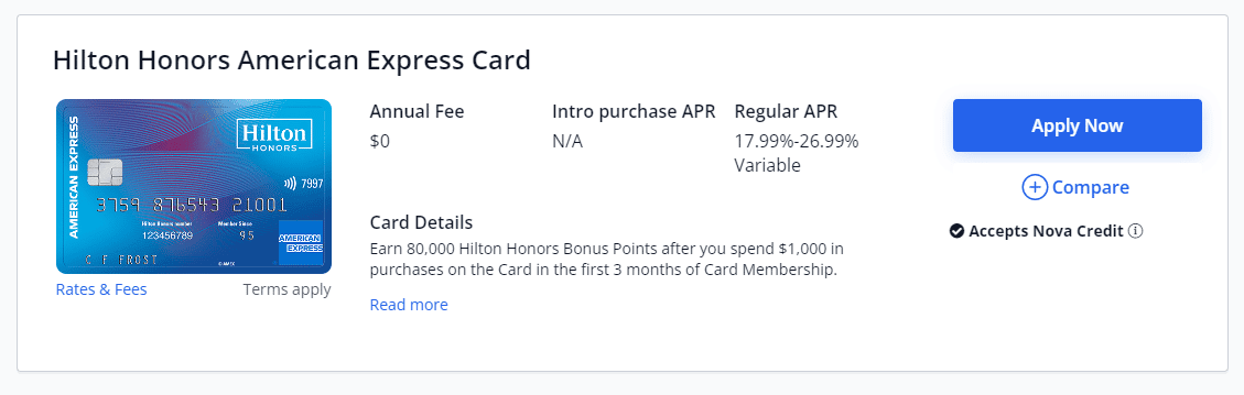 Hilton Honors American Express card via Nova Credit website.