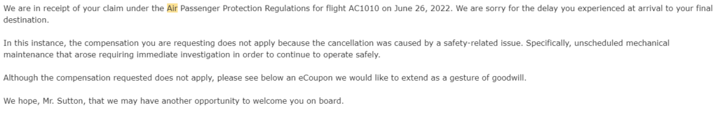 air canada flight delay compensation decline due to unscheduled mechanical maintenance