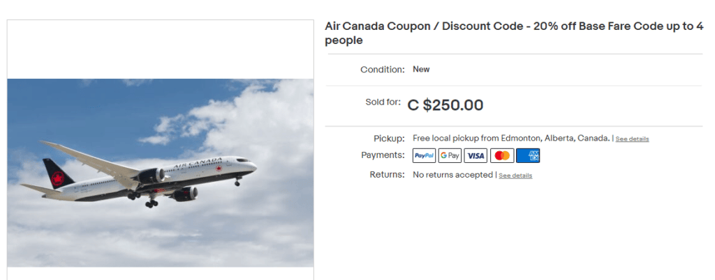 air canada coupon sold on ebay,.ca