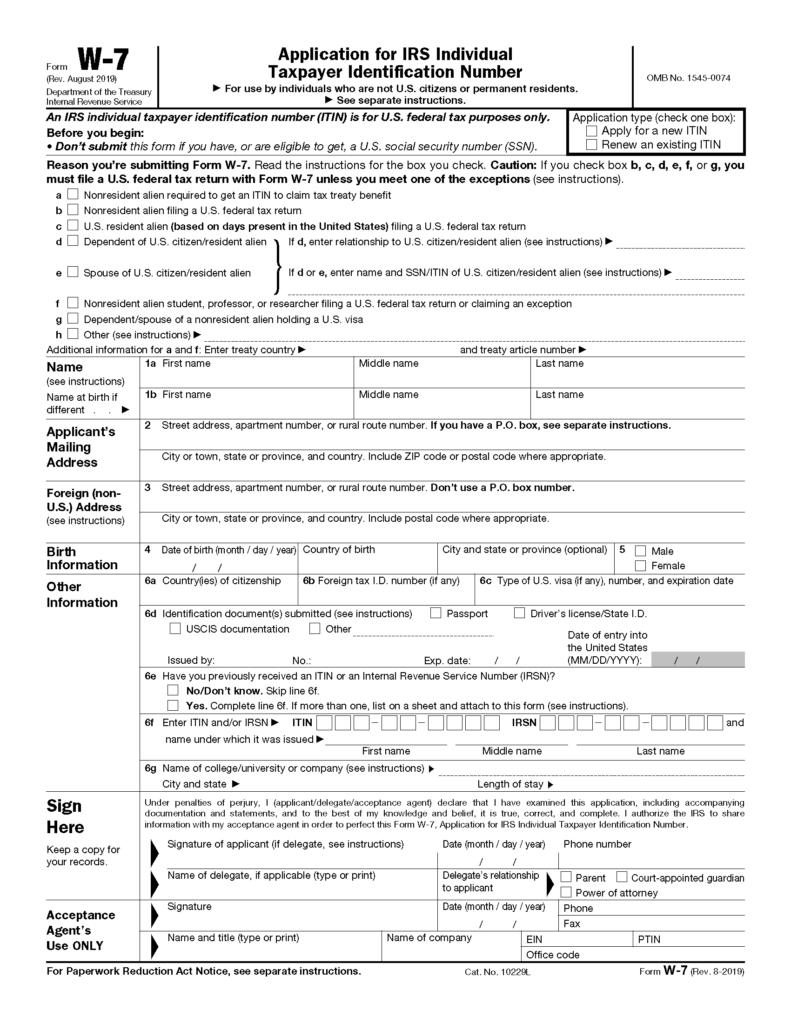 Form W-7 application for IRS ITIN