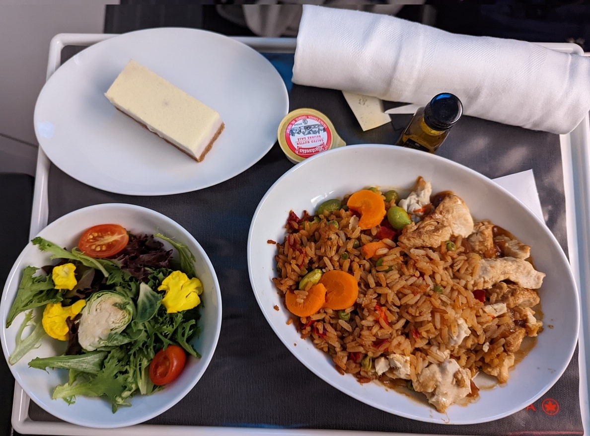air canada business class 737 max 8 ginger chicken fried rice dinner