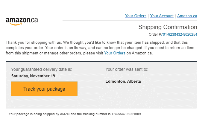 Amazon shipping confirmation for Air Miles onyx personal shopper order