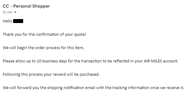 Air Miles Onyx Personal Shopper Service confirmation email