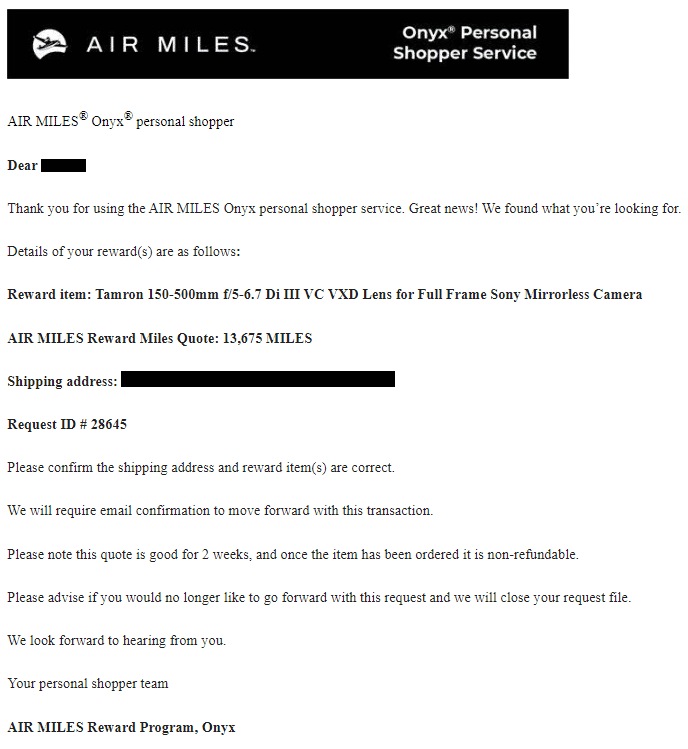 Air Miles Onyx Personal Shopper Service notification email