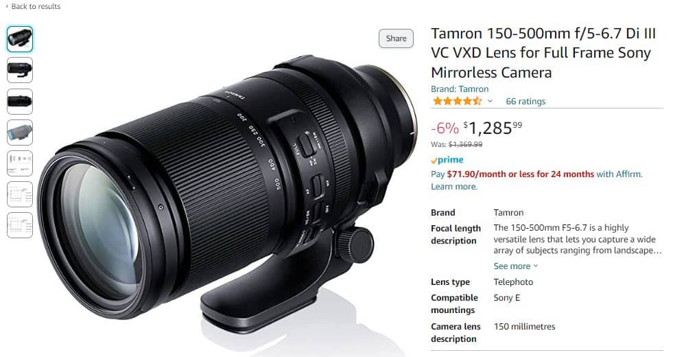 Amazon Tamron 150-500 telephoto lens