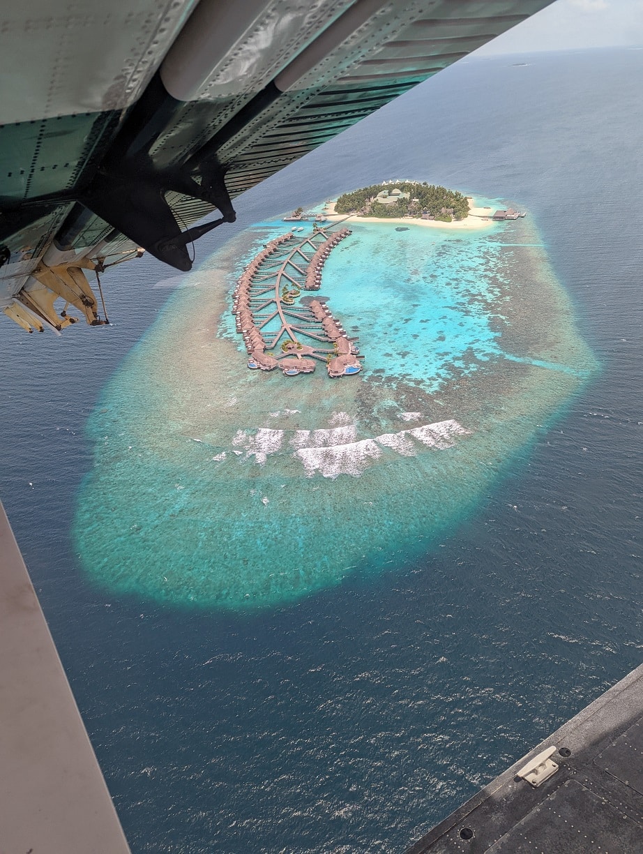 w maldives resort overhead view from seaplane
