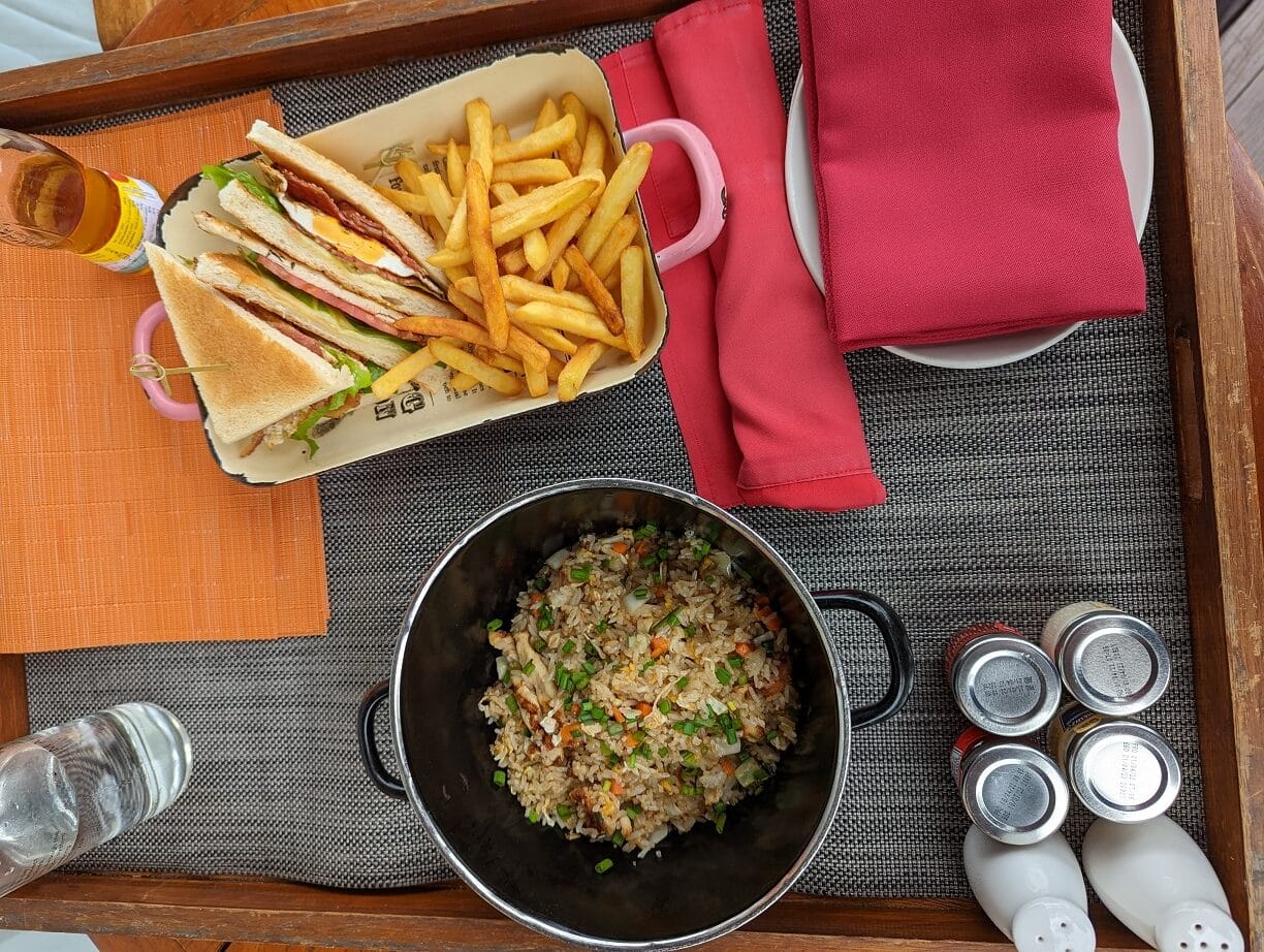 w maldives room service club sandwich and fried rice