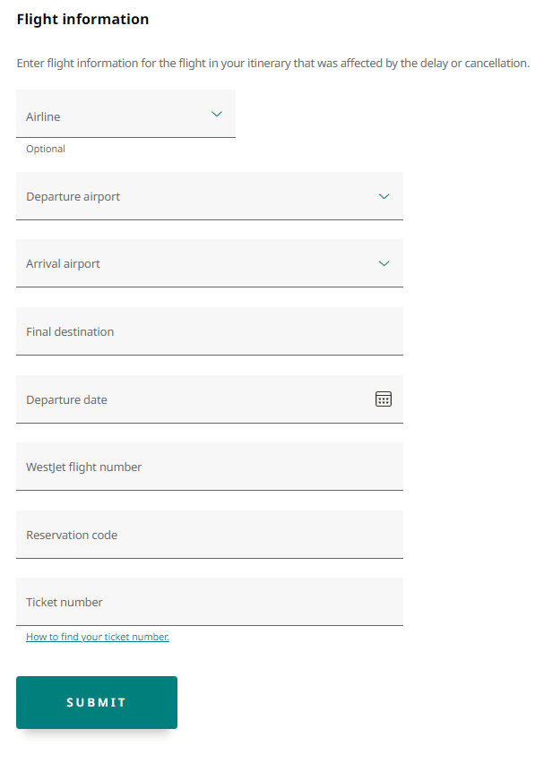 WestJet APPR compensation flight information fields.