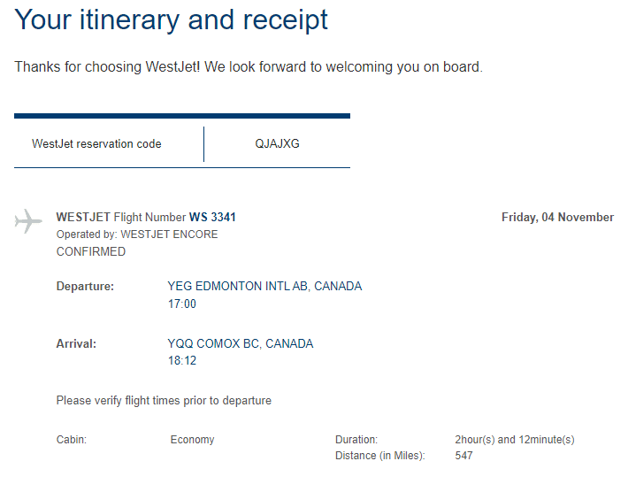 WestJet itinerary and receipt