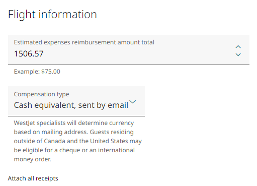 WestJet flight information - estimated expenses for reimbursement