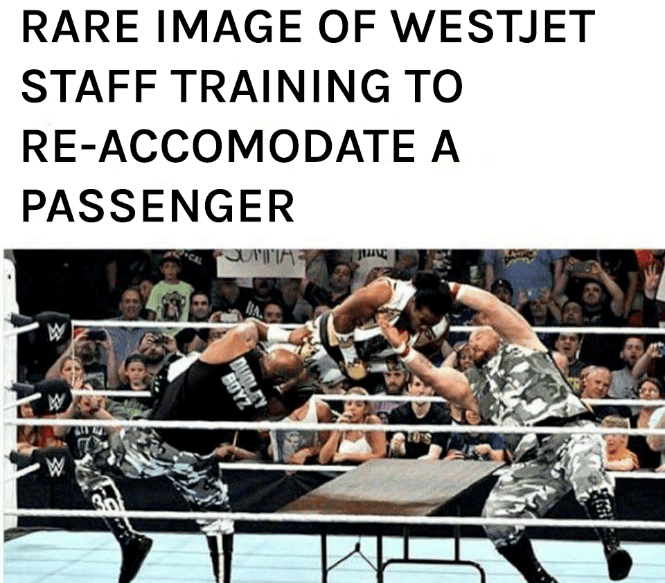 WWE WestJet meme, the Dudley boys (westjet) slam a passenger into a table. 